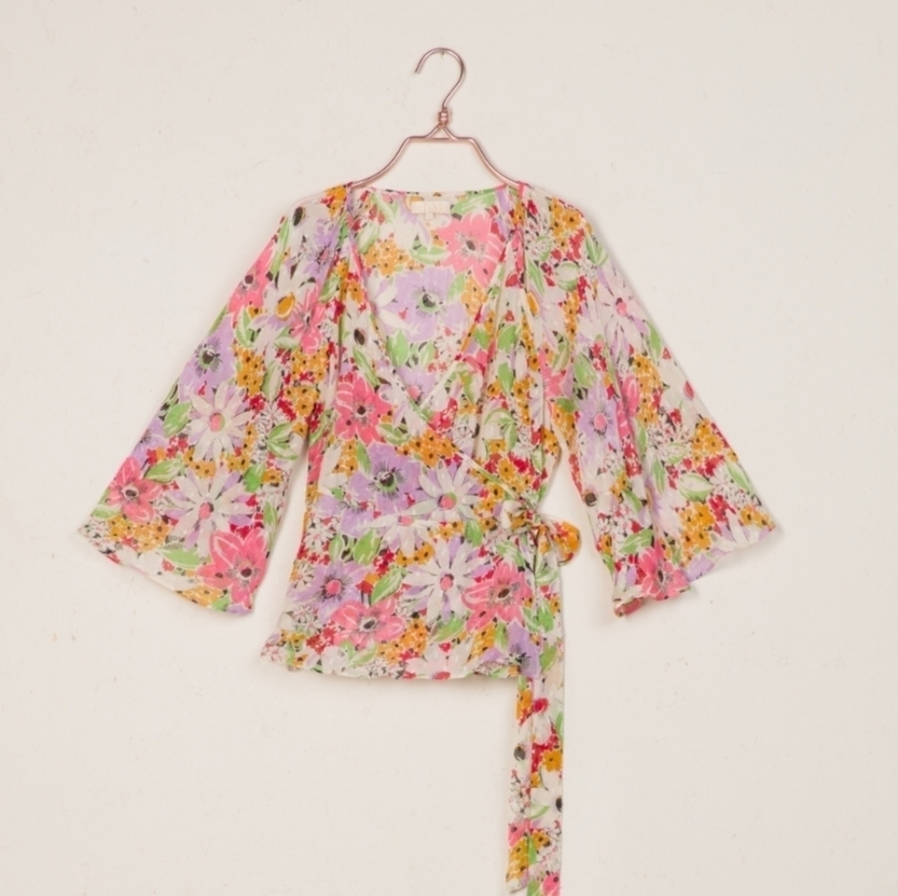 $346 byTimo Semi Wrap Sheer Flowers Blouse XS